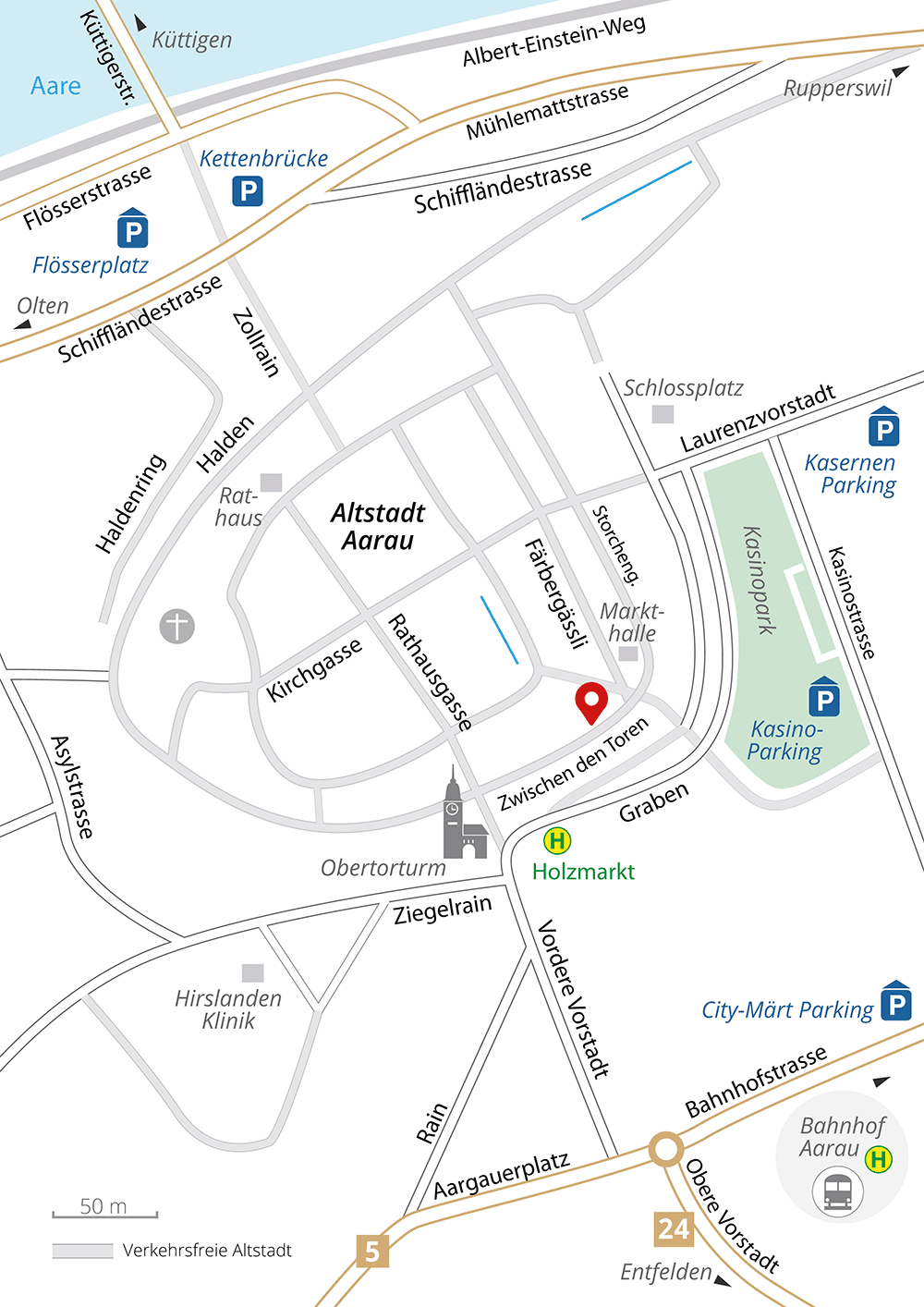 Lagekarte Zahnarztpraxis Dr. Dere, in der Altstadt von Aarau. Grafik © Hackenberg - www.lichtbild.org